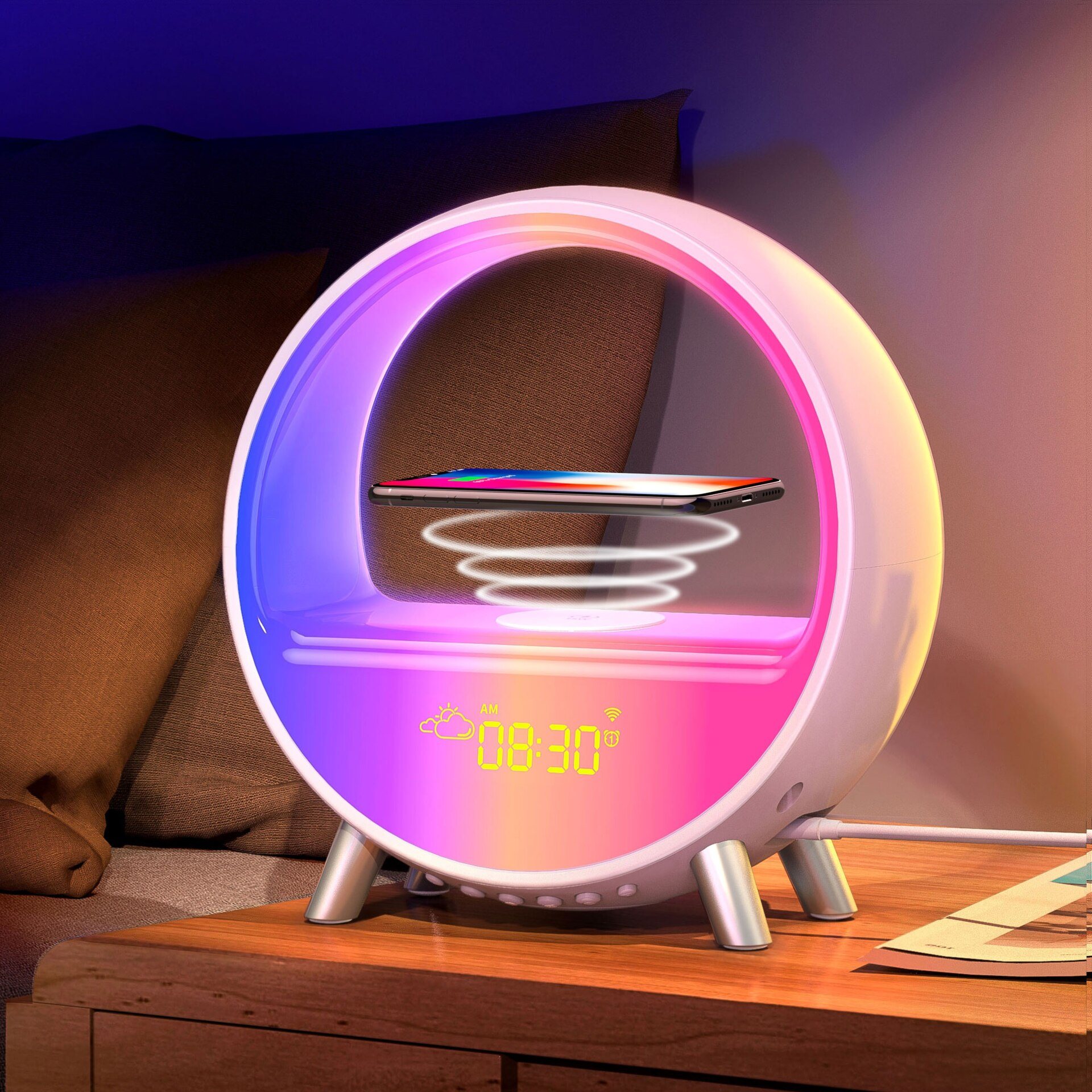 A round light alarm clock with coloured light and a wireless charging pad